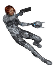 Future Soldier, Black Female with Red Hair, Leaping Shot , 3d digitally rendered science fiction illustration