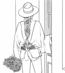 Girl with a bouquet of flowers. Coloring book for children and adults. Illustration isolated on white background. Hand draw