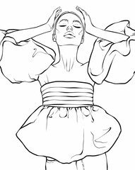Pretty smiling girl. Hand drawn vector illustration. Outline art for coloring book, tattoo, cards etc. Isolated on white background.