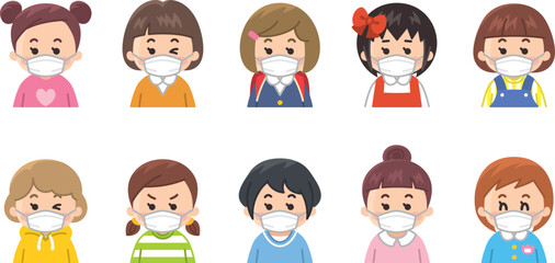 マスクを付けた女の子のアイコンセット　バリエーション　色々