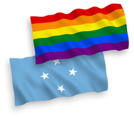 National vector fabric wave flags of Federated States of Micronesia and Rainbow gay pride isolated on white background. 1 to 2 proportion.