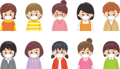 マスクを付けた若い女性のアイコンセット　バリエーション　色々