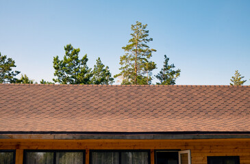The roof of the wooden house is covered with shingles. Against the background of the blue sky and coniferous trees
