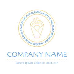 Greek traditional fast food, souvlaki or gyros icon. Design element, line simple logo with meander ornament.