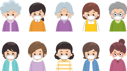 マスクを付けた中高年女性のアイコンセット　バリエーション　色々