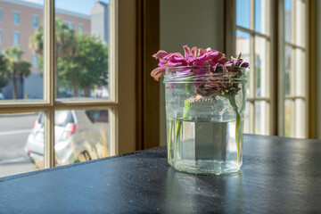 Selective Focus on Aging and Wilting Cut Flowers in a Jar on a Table Top with a Blurred View Out the Window