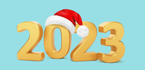 Numbers 2023 with Santa hat. Happy New Year 2023. Realistic vector illustration
