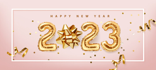 2023 golden decoration holiday on pink background. Gold foil balloons numeral 2023 with realistic festive objects, golden bow and serpentine. Shiny party background.Happy new year 2023 holiday. 