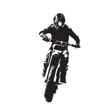 Motocross. Rider jumping on motorcycle, isolated vector silhouette, front view. Enduro motocross logo
