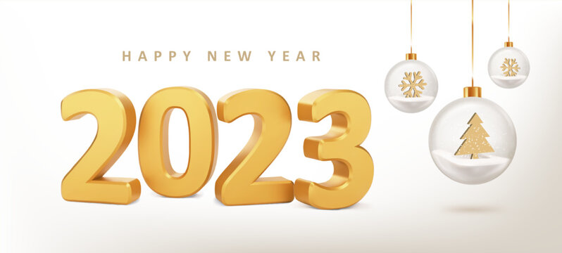 2023 Happy New Year. New Year card with numbers 2023 on beige background with glass balls. Realistic vector illustration.
