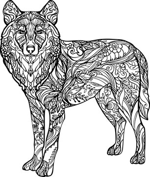 Wolf mandala vector black and white illustration 