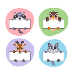 Fototapeta premium Cute animals holding blank banners. Card templates for kids. Hand-drawn vector illustration. Four animals: Raccoon, Owl, Deer, Wolf. Forest animals.