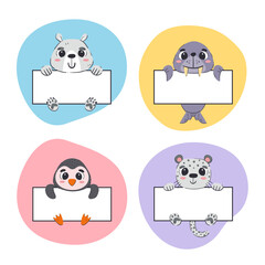 Fototapeta premium Cute animals holding blank banners. Card templates for kids. Hand-drawn vector illustration. Four animals: Polar bear, Walrus, Snow leopard. Snow animals.