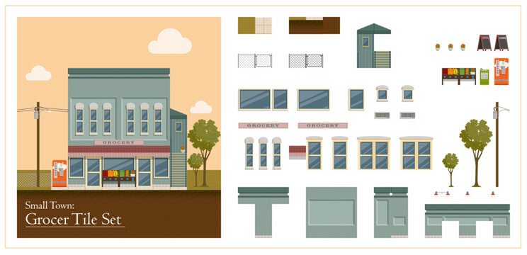 Tile set for designing a small town grocer exterior background