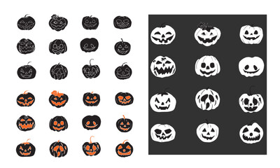 Halloween silhouette pumpkin Jack Lanterns with different faces icons