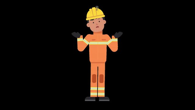 Asian male firefighter is being confused, confronted with a dilemma and looking for a solution. His arms are lifted to the side with question marks appearing