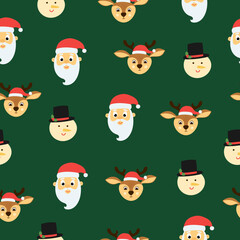 Seamless pattern of cute deer, snowman and santa claus on green background. Background for Christmas design. 