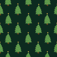 Seamless pattern of Christmas tree on green background. Hand drawn pine tree.