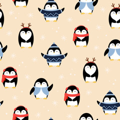 Seamless pattern of cute hand drawn penguins with accessories. Cartoon character for winter Christmas design