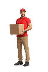 Smiling courier holding a cardboard box - obrazy, fototapety, plakaty