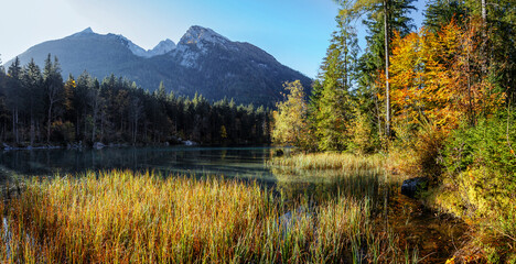 Fabulous sunny morning scene of nature. View of Forest lake in highland with rocky peak on background. Stunning wild nature during sunrise. Amazing natural summer scenery Creative image for design