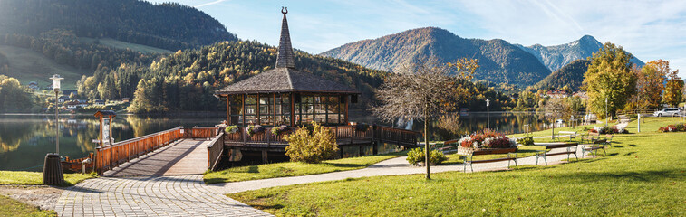 Amazing countryside scenery in alps at sunny day. Brauhof village on a Grundlsee lake. Austria. Amazing nature landscape. Picture of village park. concept of Travel and holiday on nature.