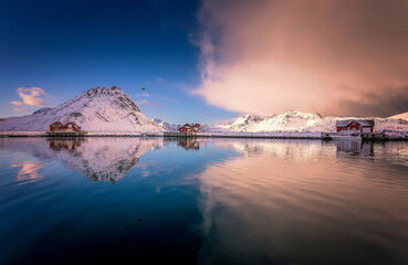 Amazing winter scenery. North fjords with mountains landscape. scenic photo of winter mountains and vivid colorful sky. stunning natural background. Picturesque Scenery of Lofoten islands. Norway