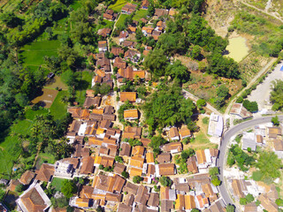 Abstract Defocused Blurred Background Aerial photography a view of mapping a densely populated residential area in the hill valley in the Cikancung area - Indonesia. Not Focus