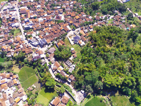 Abstract Defocused Blurred Background Aerial photography a view of mapping a densely populated residential area in the hill valley in the Cikancung area - Indonesia. Not Focus