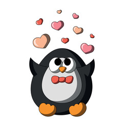 Cute cartoon Penguin and hearts. Draw illustration in color