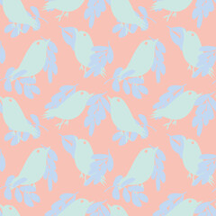 Fototapeta na wymiar Tropical Leaf and sparrows Seamless Pattern Design
