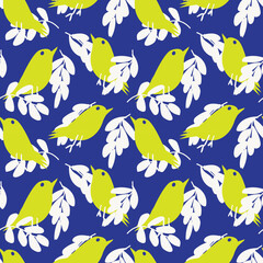 Tropical Leaf and sparrows Seamless Pattern Design