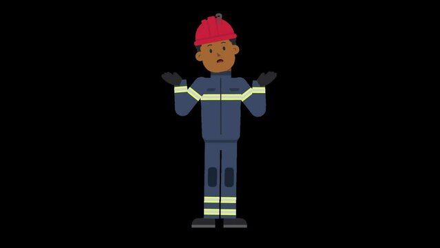 Black male firefighter is being confused, confronted with a dilemma and looking for a solution. His arms are lifted to the side with question marks appearing