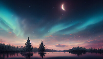 Stunning scenery lake starry night and northern lights, Digital art background