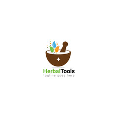 herbal logo vector combination with leaves and masher
