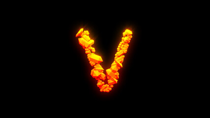 pretty fire rocks letter V - burning hot orange - red character, isolated - object 3D rendering