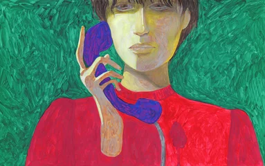 Tuinposter woman talking with phone. watercolor painting. illustration.  © Anna Ismagilova