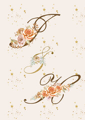 Watercolor brown alphabet with ?boho flowers of beige peach roses and leaves. Monogram initials are perfect for a wedding invitation, greeting card, logo, poster. Festive hand-painted decorations 