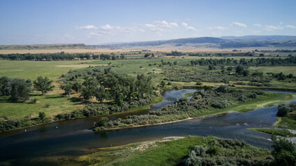 A aerial view of the Bighorn river valley located in northeastern Montana.