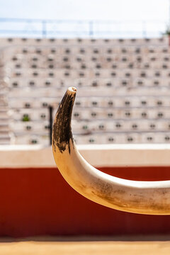 asta o cuerno de toro en la plaza de toros de Mijas España, con  escaleras numeradas para los asientos al aire libre