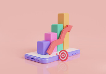 Bar graph and target with arrow on Smartphone. Business statistic concept. growth business success, Growth analytics Optimization, achieve the goal, business goals. minimal cartoon. 3d render