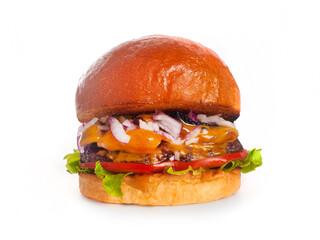 Juicy delicious ready to eat burger on white isolated background junk food concept