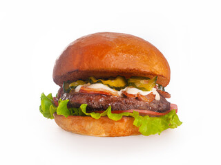 Juicy delicious ready to eat burger on white isolated background junk food concept