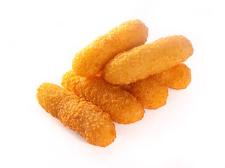 Mozarella sticks deep fried snack on white background isolated