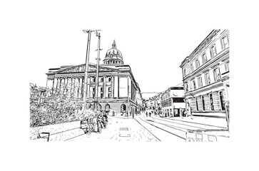 Building view with landmark of Nottingham is a city in central England. Hand drawn sketch illustration in vector.