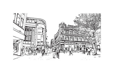 Building view with landmark of Nottingham is a city in central England. Hand drawn sketch illustration in vector.