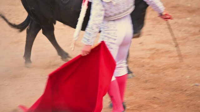 Bullfight in Spain. Spanish bullfighter in the bullfighting arena. High quality 4k footage