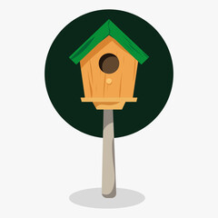 Green roof, wooden bird house