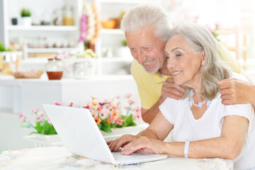 confused senior couple with laptop at home
