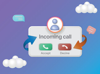 Incoming call in 3d cartoon minimal style Notifications page with floating elements 3d rendering. Vector illustration